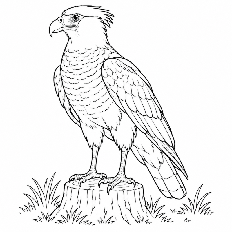 Desenho para colorir de um carcará de bico curvo pousado sobre um tronco no Pantanal