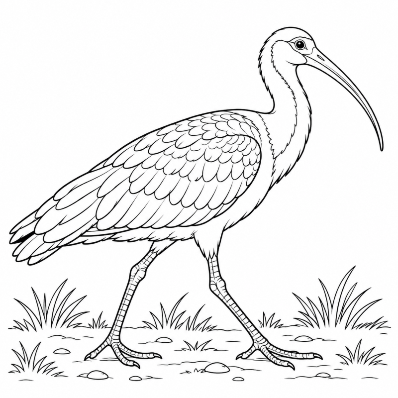 Desenho para colorir de uma curicaca de bico comprido e curvado caminhando entre capins
