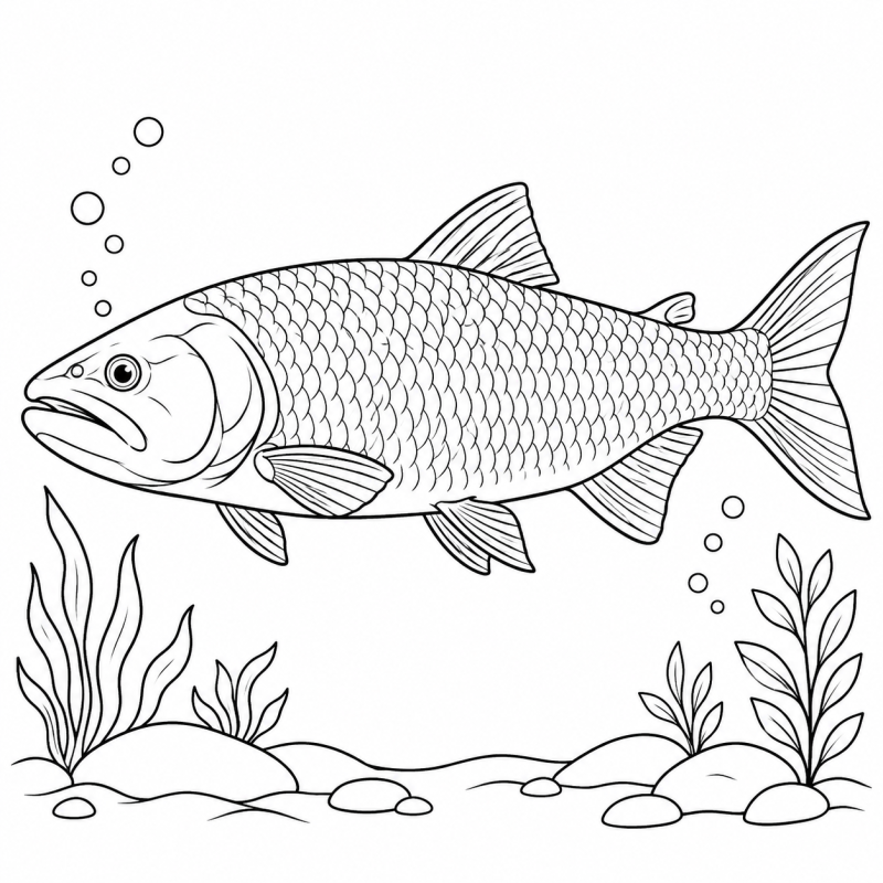 Peixe dourado de escamas contornadas nadando entre plantas e bolhas