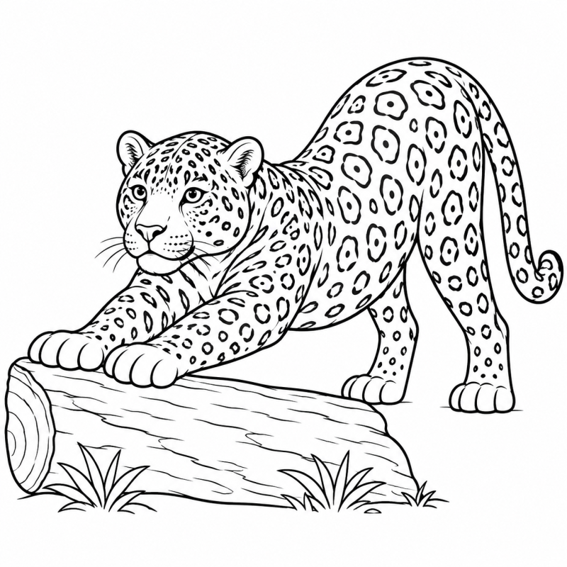 Desenho para colorir de uma onça-pintada se espreguiçando com as patas dianteiras sobre um tronco baixo