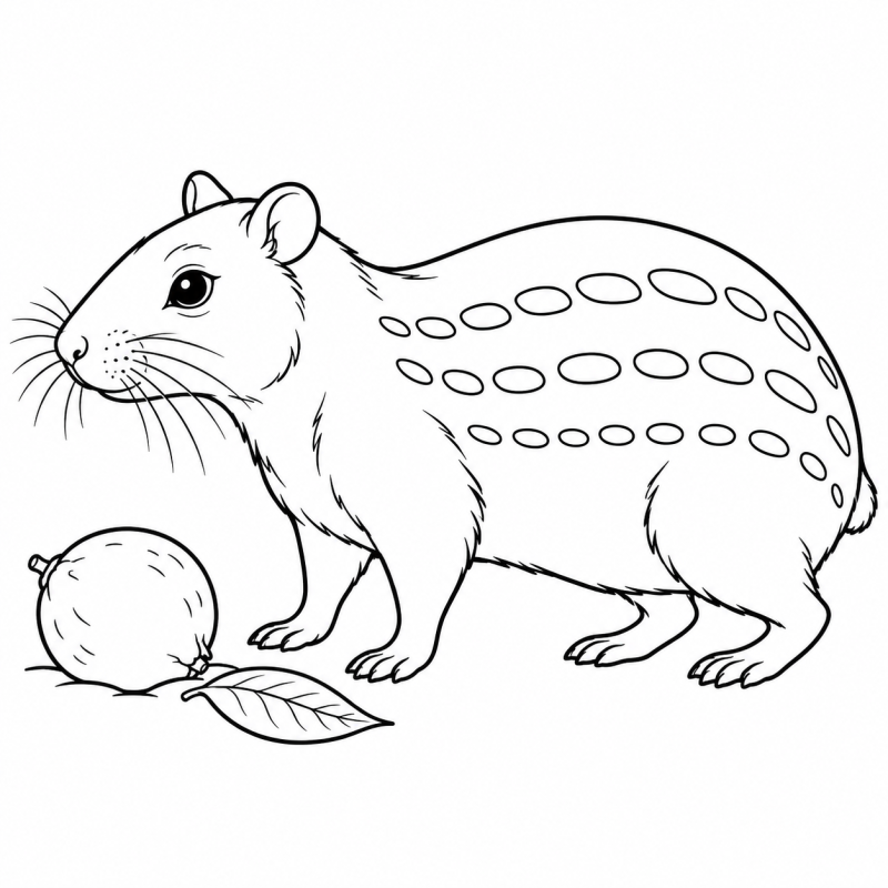 Paca com manchas contornadas ao lado de fruto caído