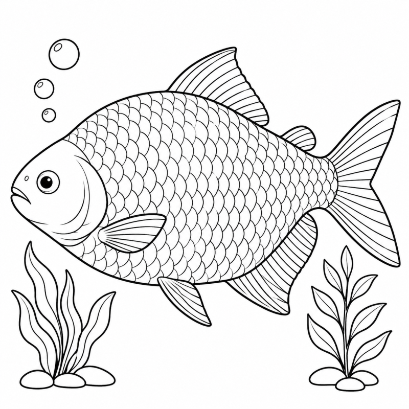 Desenho para colorir de um pacu de corpo arredondado nadando entre plantas aquáticas