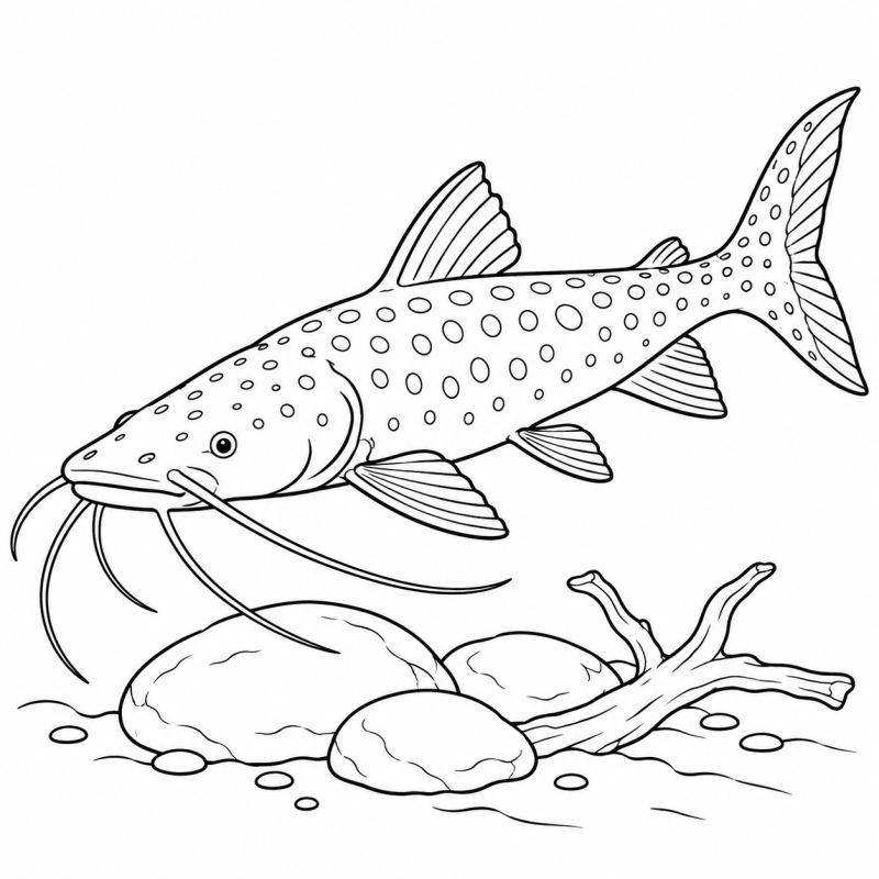 Desenho para colorir de um peixe pintado com barbilhões e manchas nadando perto do fundo do rio