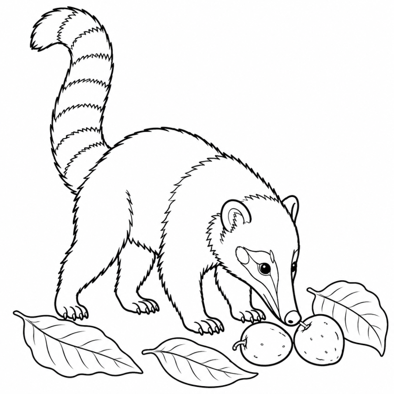 Desenho para colorir de um quati farejando frutos caídos entre folhas do Pantanal