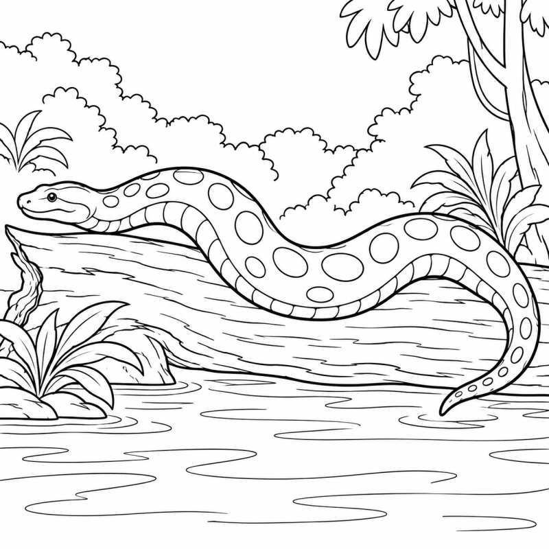Desenho para colorir de uma sucuri de corpo manchado repousando sobre um tronco perto da água