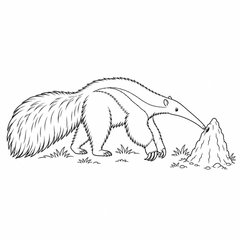 Desenho para colorir de um tamanduá-bandeira aproximando o focinho de um cupinzeiro