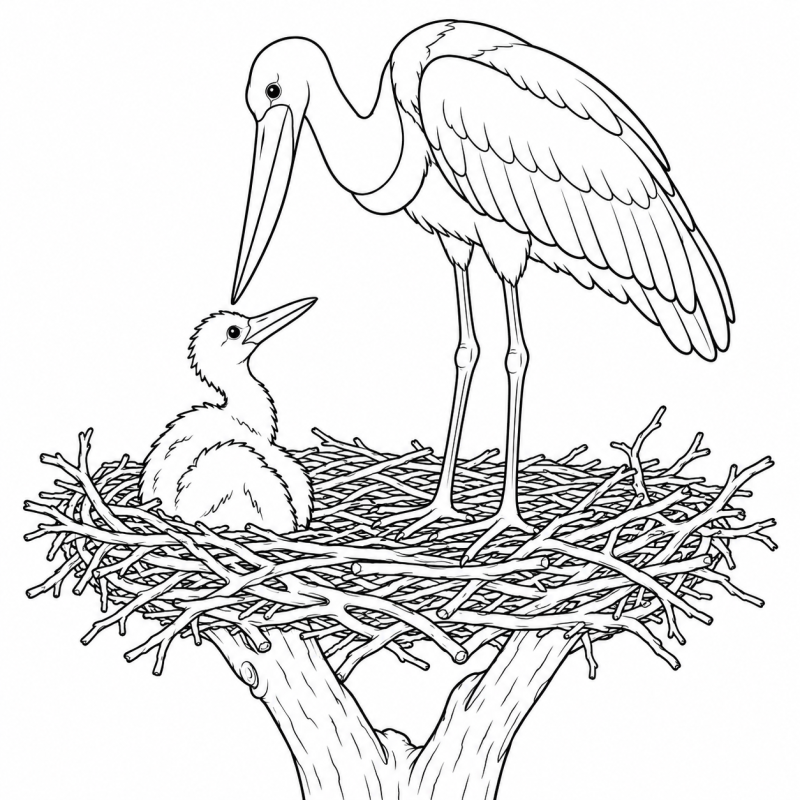 Desenho para colorir de um tuiuiú adulto junto de um filhote em um ninho de gravetos