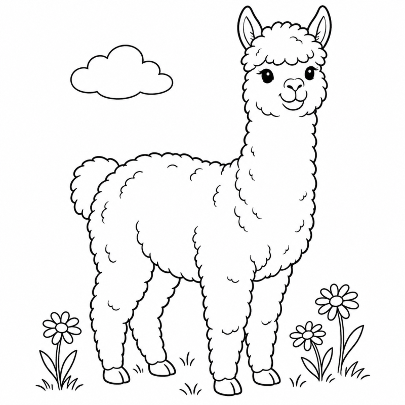 Alpaca de pé no campo, com três flores e uma nuvem