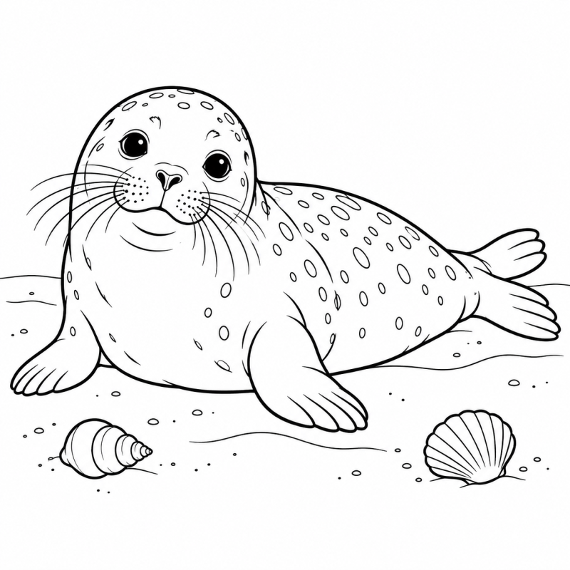 Foca deitada na areia ao lado de duas conchas, com manchas delineadas