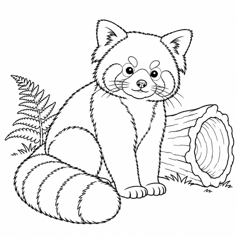 Panda-vermelho sentado ao lado de tronco oco e samambaia