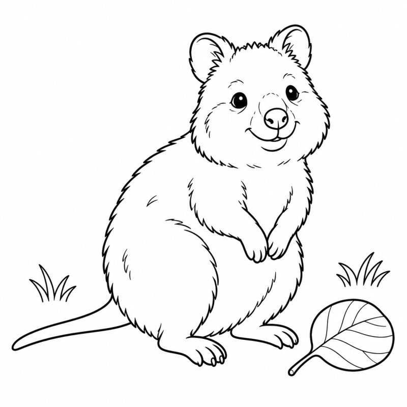 Quokka sentado junto a folha arredondada, com cauda comprida e tufos de grama