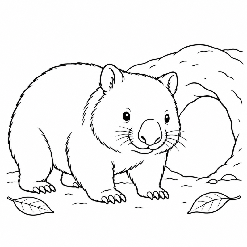 Wombat de quatro patas diante da entrada de uma toca, com folhas no chão