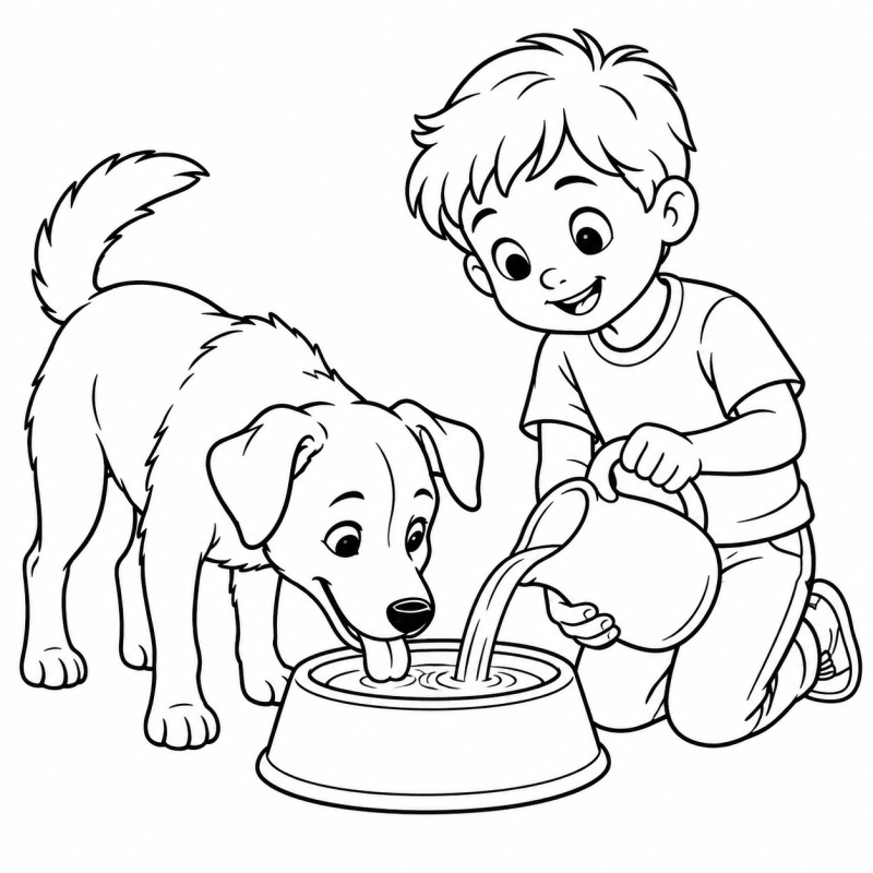 Menino colocando água em pote enquanto cachorro bebe