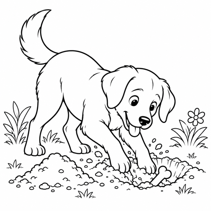 Cachorro cavando buraco com osso de brinquedo aparecendo