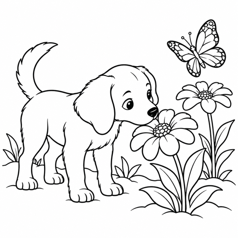 Cachorro cheirando flor grande com borboleta acima