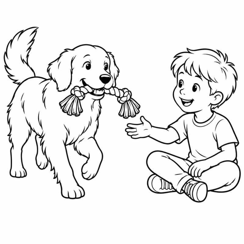 Cachorro levando corda de brincar para menino sentado