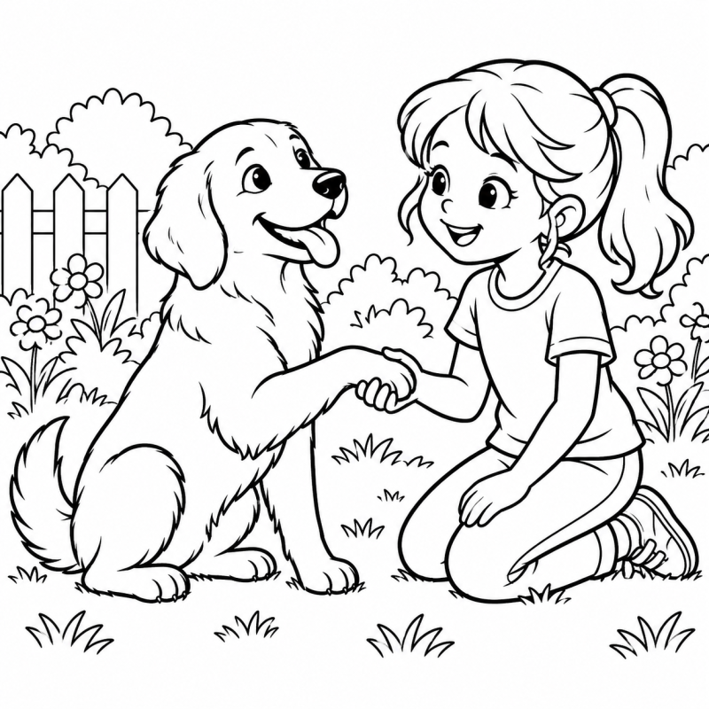 Cachorro sentado dando uma pata à menina ajoelhada