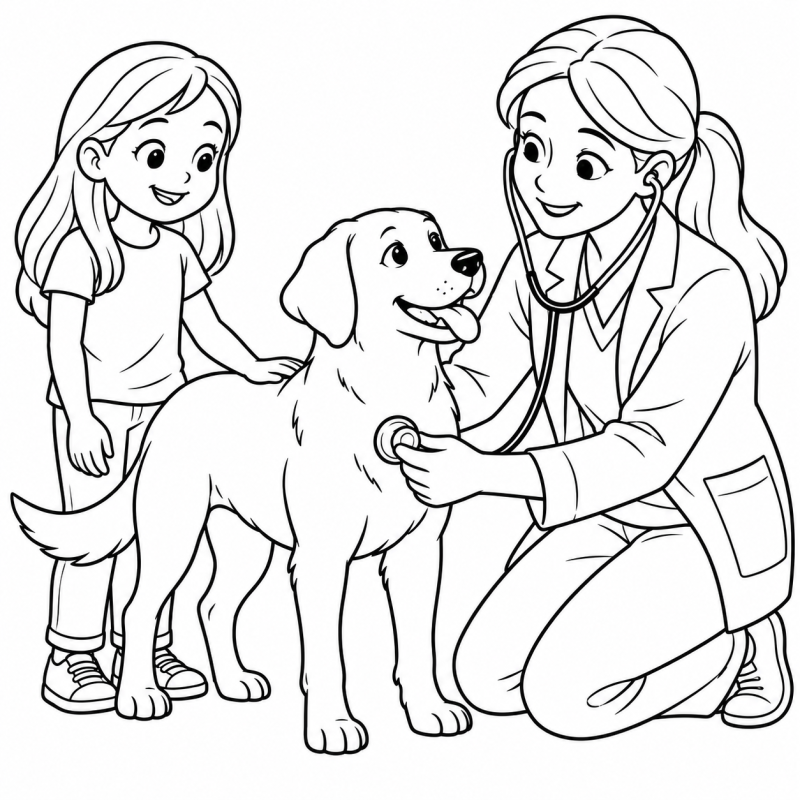Veterinária ouvindo peito do cachorro com estetoscópio e menina ao lado