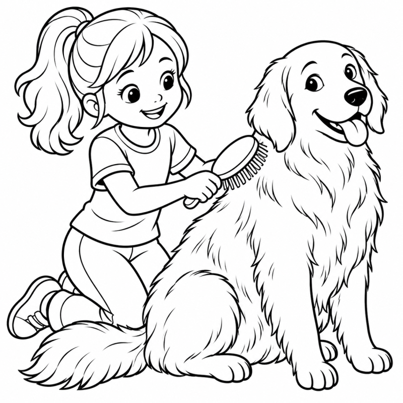 Menina escovando as costas de cachorro peludo sentado