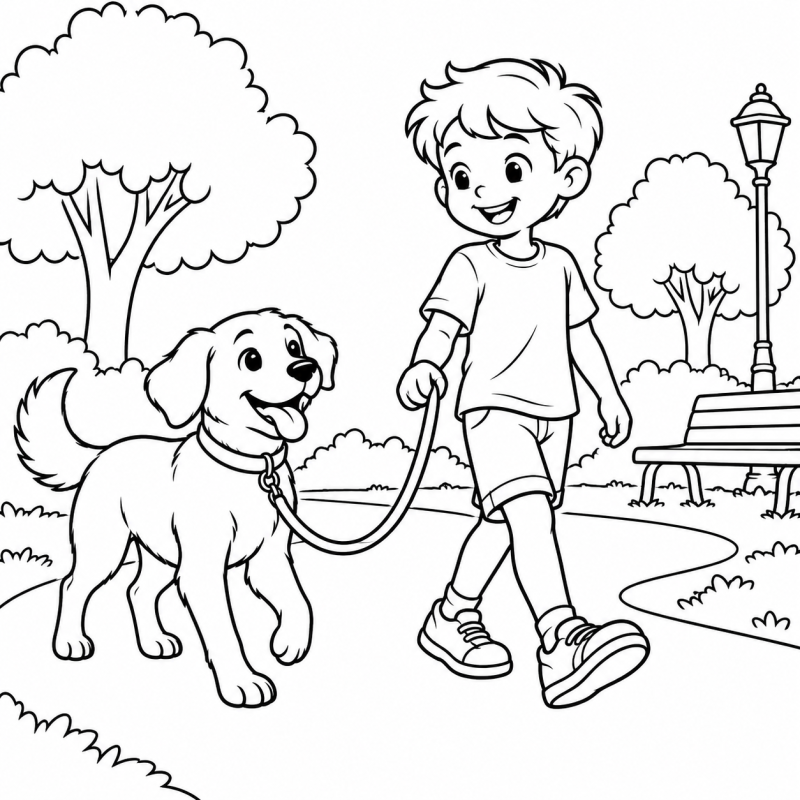 Menino caminhando com cachorro de guia em parque