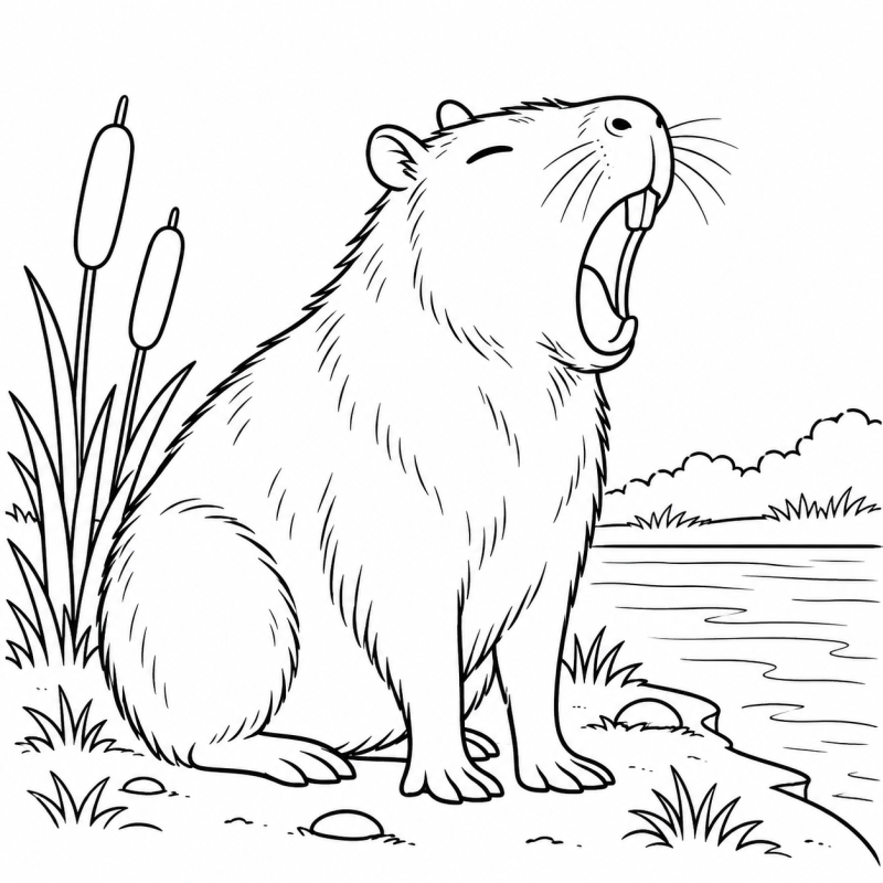 Capivara bocejando à margem do rio