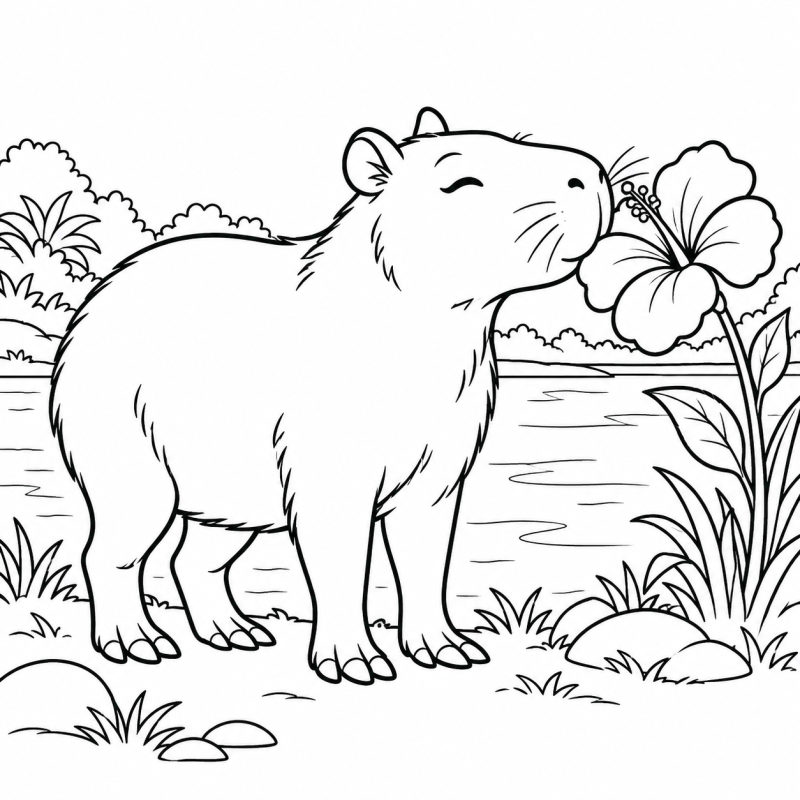 Capivara cheirando uma flor