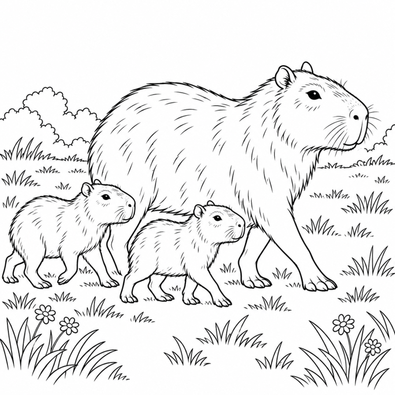 Capivara caminhando com dois filhotes
