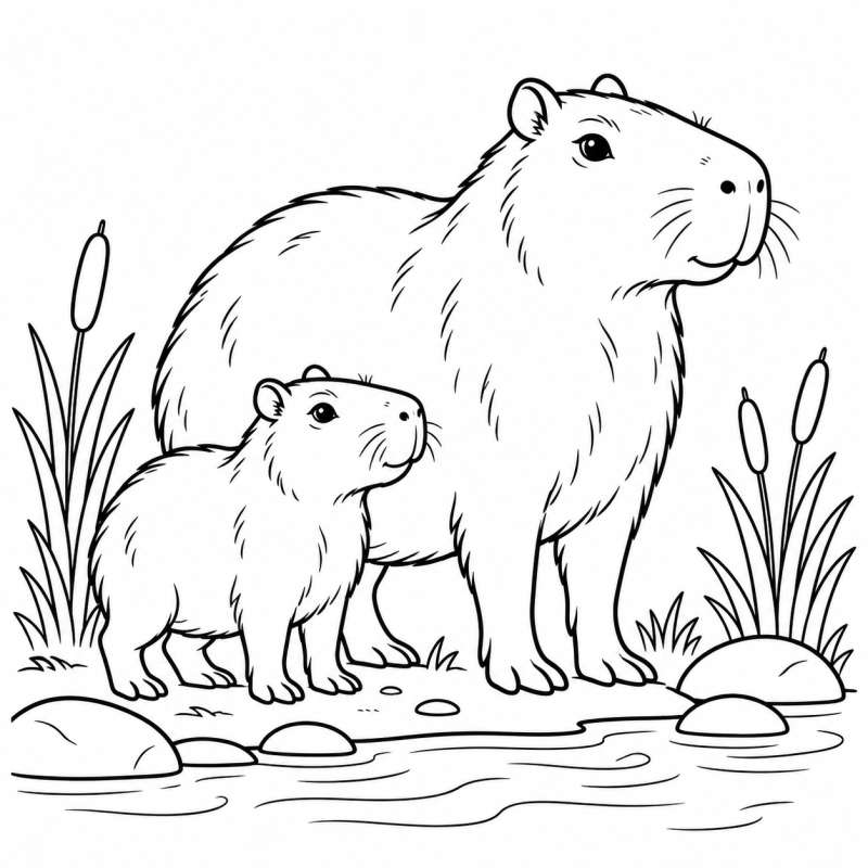 Capivara com filhote na beira do rio