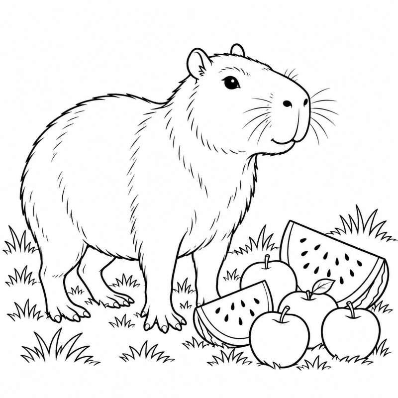 Capivara ao lado de frutas