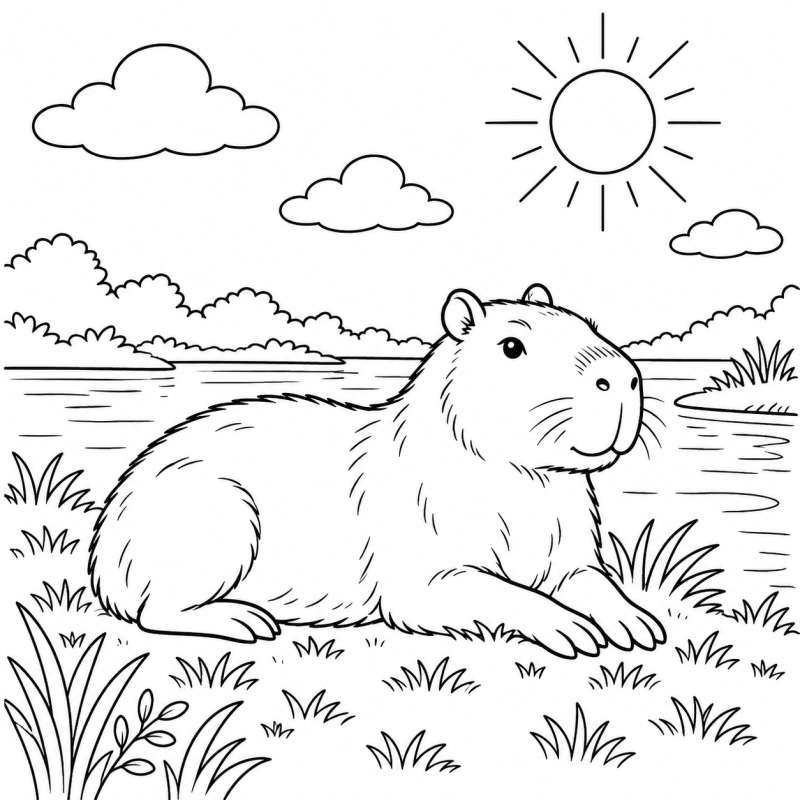 Capivara descansando ao sol perto do rio