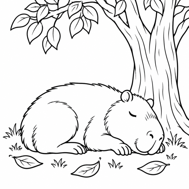 Capivara dormindo sob uma árvore