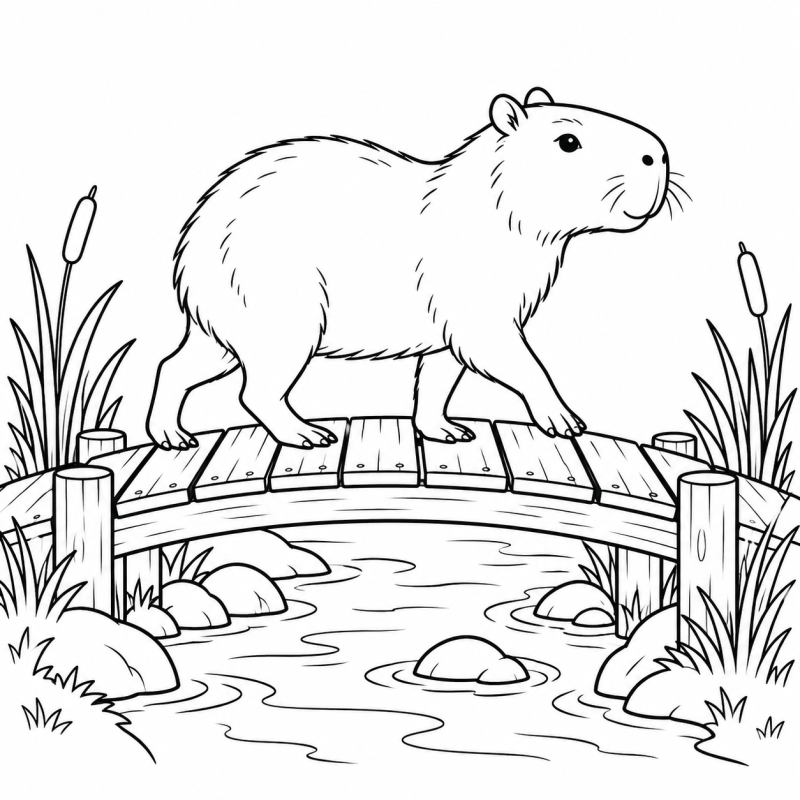 Capivara atravessando ponte de madeira