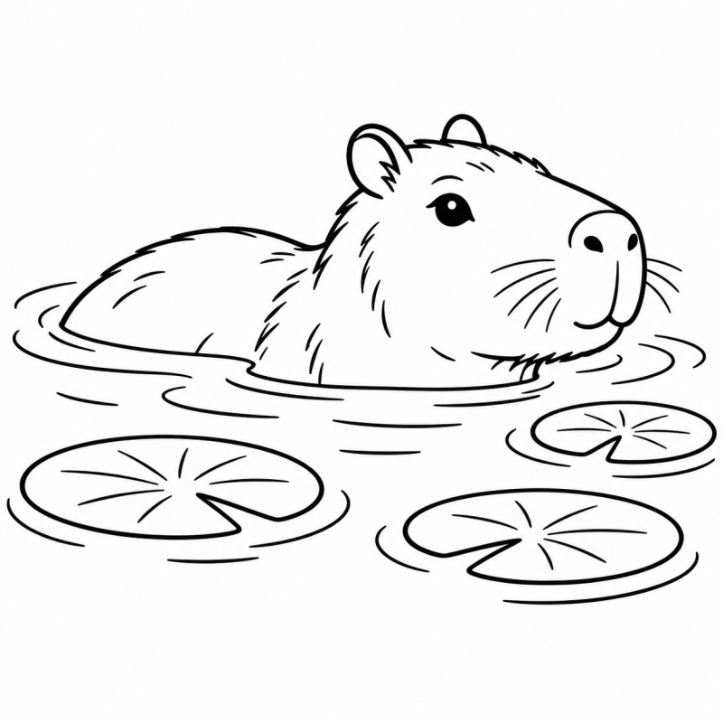 Capivara nadando entre vitórias-régias