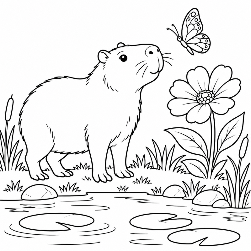 Capivara observando uma borboleta