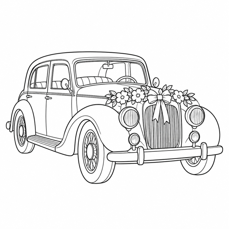 Desenho para colorir de um carro antigo decorado com flores e laços para um casamento