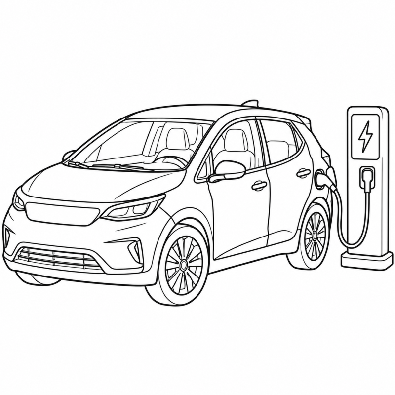 Desenho para colorir de um carro compacto ligado a um carregador por um cabo