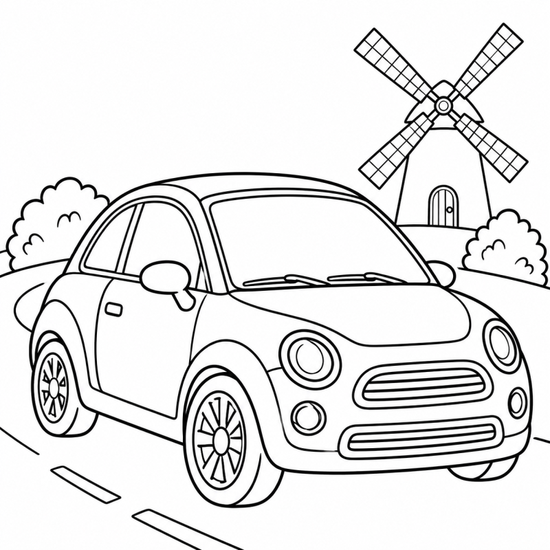 Desenho para colorir de um carro percorrendo uma estrada curva perto de um moinho de vento