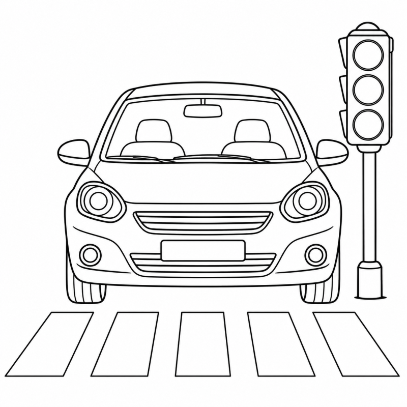 Desenho para colorir de um carro visto de frente parado antes de uma faixa de pedestres