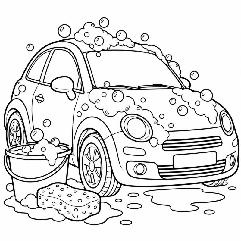 Desenho para colorir de um carro coberto por bolhas de espuma ao lado de um balde e uma esponja