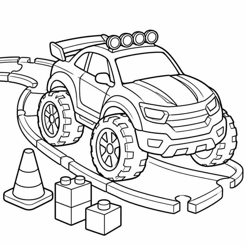 Desenho para colorir de um carrinho de brinquedo sobre uma pista com peças de encaixe