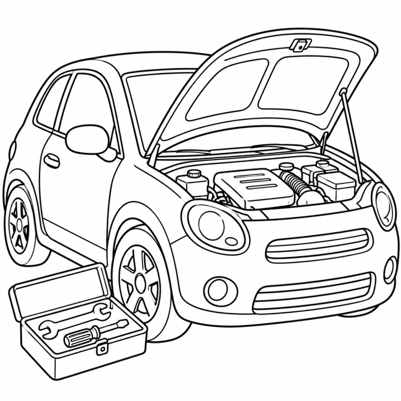 Desenho para colorir de um carro com o capô levantado ao lado de uma caixa de ferramentas