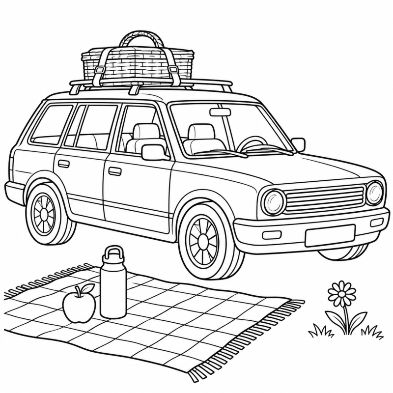 Desenho para colorir de um carro com uma cesta presa ao bagageiro e uma toalha de piquenique ao lado