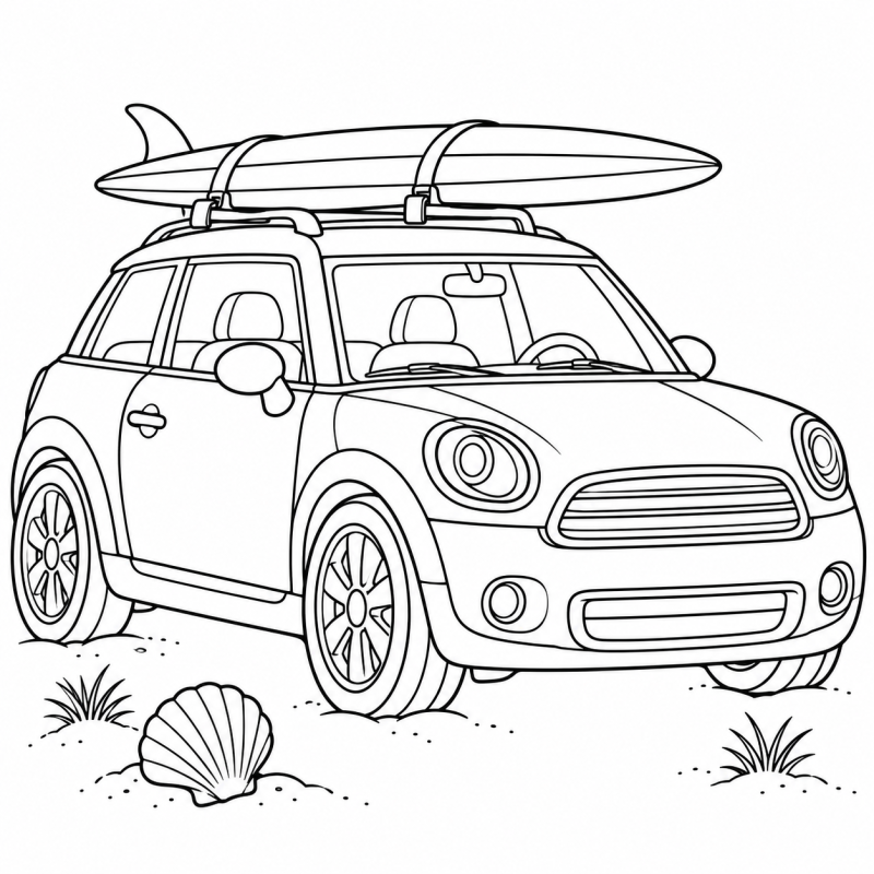 Desenho para colorir de um carro com uma prancha de surfe presa ao teto perto de uma concha