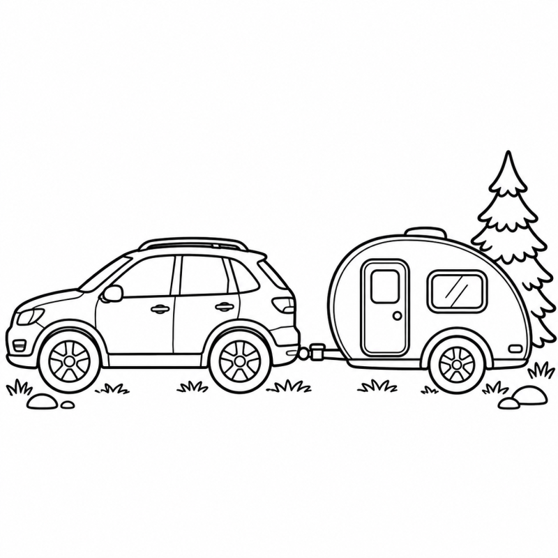 Desenho para colorir de um carro puxando um pequeno trailer de camping ao lado de um pinheiro