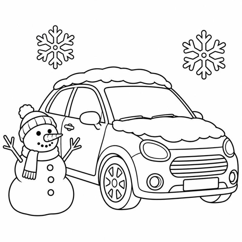 Desenho para colorir de um carro com neve no teto ao lado de um boneco de neve