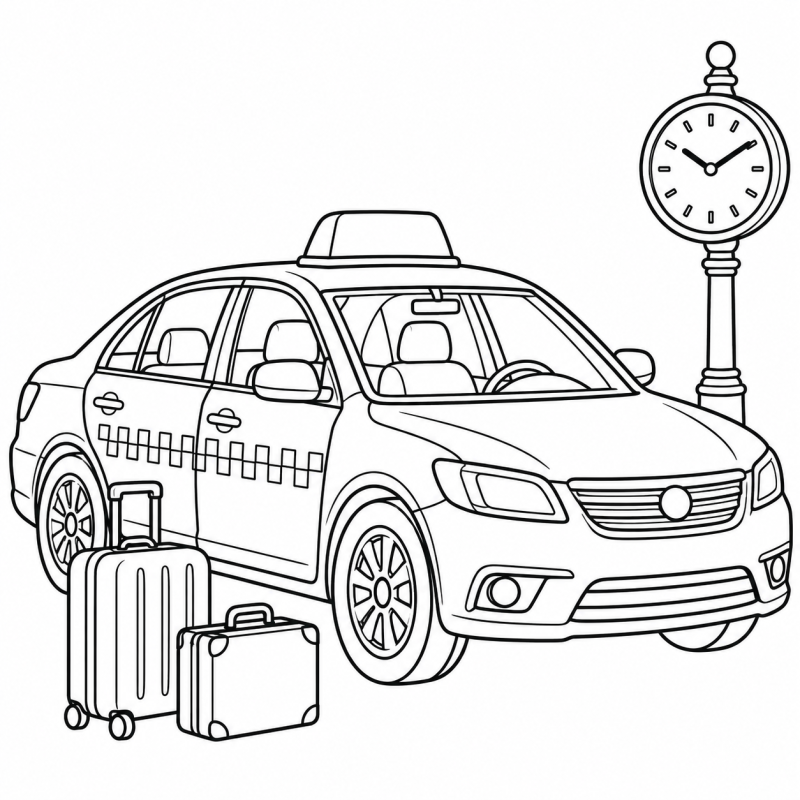 Desenho para colorir de um táxi estacionado perto de duas malas e um relógio de estação