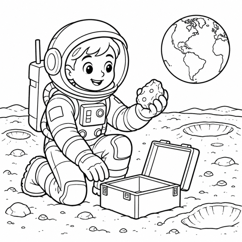 Na superfície da Lua, um astronauta recolhe uma rocha para sua caixa de amostras.
