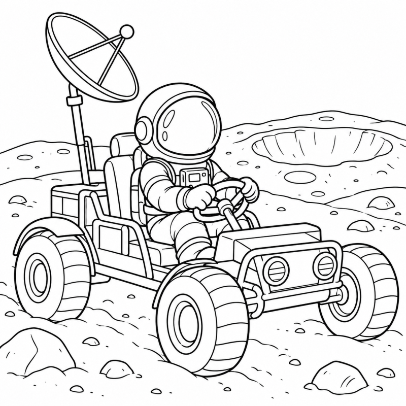 Um astronauta explora o terreno em um veículo lunar com rodas grandes.