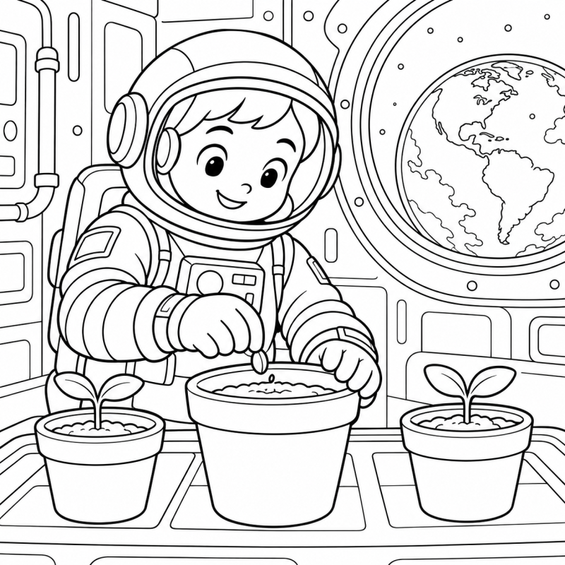 Um astronauta cuida de uma pequena horta dentro da estação espacial.