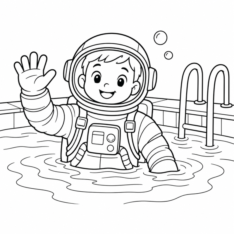Um astronauta treina dentro de uma piscina, com o capacete acima da água e uma mão levantada.